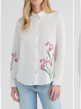 Hunter White Button-Up Shirt with Pink Floral Bloom Placement